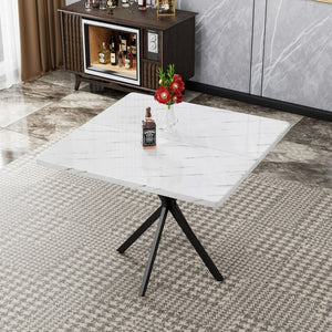 English Elm Square Mid Century Dining Table with Faux Marble Top, Waterproof Scratch-Resistant MDF Surface, Durable Iron Frame for Compact Kitchens and Stylish Small Dining Rooms White W578P242961