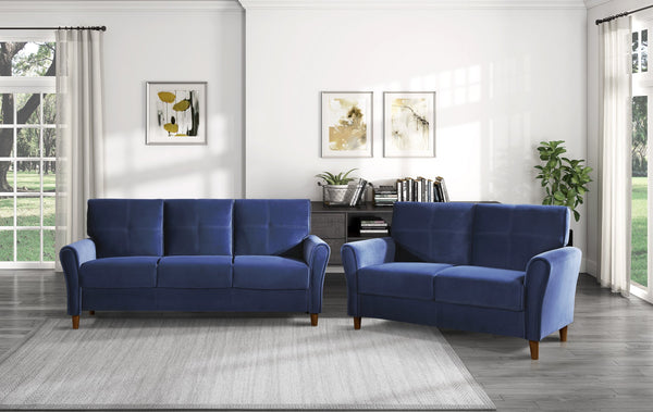English Elm Blue Velvet Dunleith Loveseat Plush Tufted Seatbacks Flared Arms Solid Wood Frame Modern Chic B011P204911