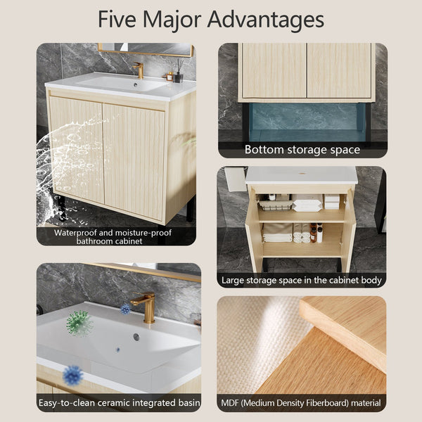 English Elm 30 Inch Bathroom Vanity with Sink — Floor-Standing Stability, Soft-Close Drawers, Ample Storage, Durable Finish Oak 35.47 L x 8.07 W x 21.85 H W3520S00017