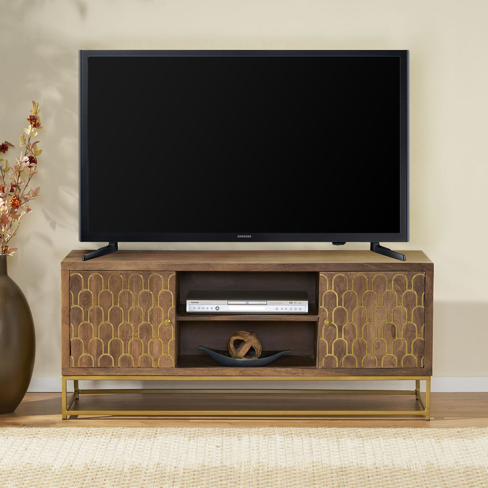 English Elm Christopher Knight Home® - TV Stand Walnut+Gold Mango Wood TV Console with Iron Frame, Sunburst Handcrafted Design, Storage Cabinets 68572.00