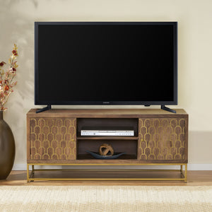 English Elm Christopher Knight Home® - TV Stand Walnut+Gold Mango Wood TV Console with Iron Frame, Sunburst Handcrafted Design, Storage Cabinets 68572.00