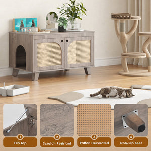 English Elm Flip Top Hidden Cat Litter Box Enclosure with Rattan Doors, Flip-Top Access, Odor Control, Stylish Table Ready Grey T3623P354970