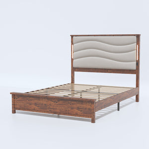 English Elm King Upholstered Bed Frame with LED Lights & Charging Station, Rivet Detail, Wood Slat Platform Brown Grey W636P176802