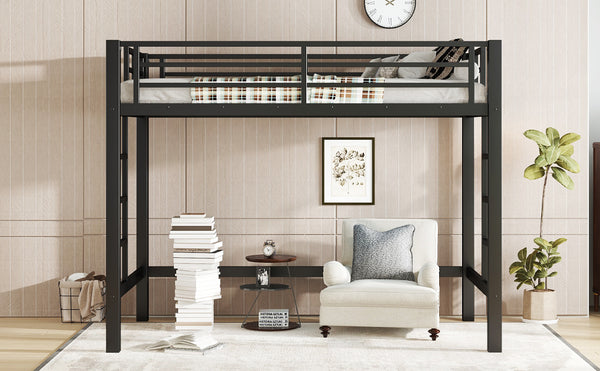 English Elm Twin Metal Loft Bed with Sturdy Frame, Space-Saving Underbed Storage, Safe Ladder & Guardrails W1580P370676