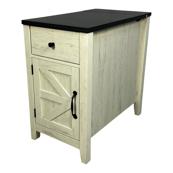English Elm Farmhouse Nightstand with Charging Station and Barn Door Drawer — USB-C, AC Outlets, Compact Storage White+Black W1412P230408