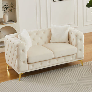 English Elm Fx Velvet Chesterfield Sofa Button Tufted Diamond Quilted Design with Accent Pillows Beige W1926S00077