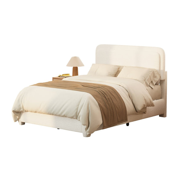 English Elm Boucle Cloud Upholstered Full Platform Bed with Adjustable Curved Headboard in White N733P439489K