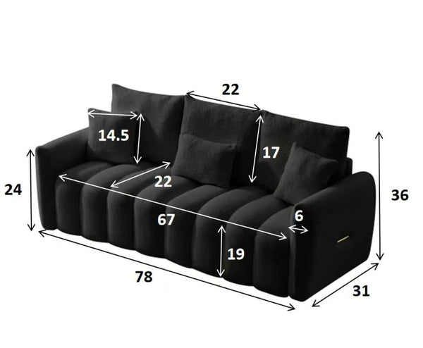 English Elm 78 Inch Teddy Velvet Three Seat Sofa Solid Wood Frame Plush Cushions for Living Room Black W2564S00125