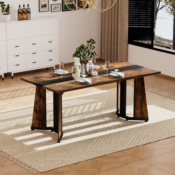English Elm 70.9"Rectangular Waterproof Large Dining Table for 8 with Marble Top, Steel Frame, Adjustable Legs Black,Rustic Brown W1162P291767