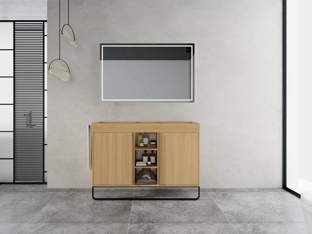 English Elm 48" Freestanding Bathroom Vanity Cabinet with 2 Soft-Close Doors, 3 Open Shelves, Towel Hanger, Boxes Designed for Organized Storage W999P376885