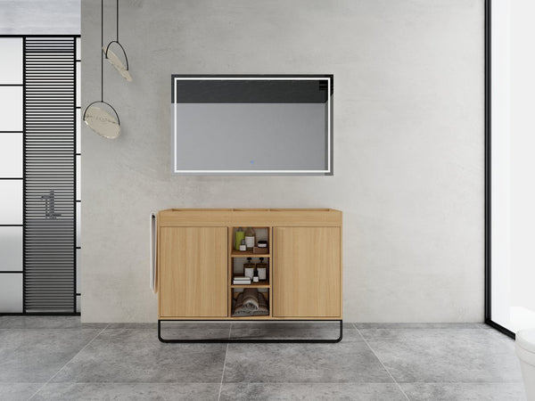 English Elm 48" Freestanding Bathroom Vanity Cabinet with 2 Soft-Close Doors, 3 Open Shelves, Towel Hanger, Boxes Designed for Organized Storage W999P376885