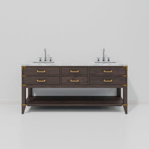 English Elm Brown Oak Double Vanity 72" W X 22" D With Carrara Marble Top & Chrome Faucet - Luxurious Storage! B2731P260294