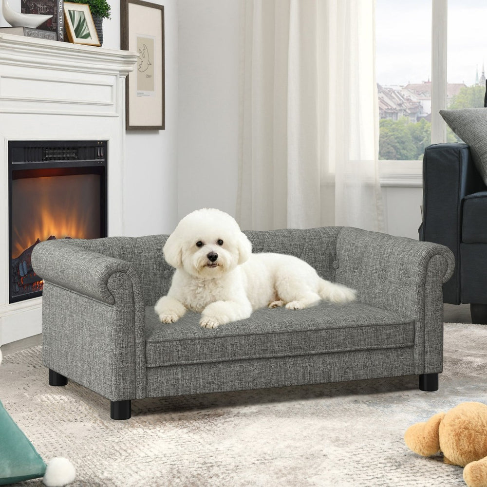 English Elm Elegant Linen Pet Sofa with Cushioned Seat for Dogs Scandinavian Modern Living Room W487P271480