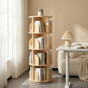 English Elm 3 Tier Spinning Round Bookcase Natural Wood Floor Shelf for Bedroom or Study W2989P460327
