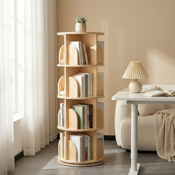 English Elm 3 Tier Spinning Round Bookcase Natural Wood Floor Shelf for Bedroom or Study W2989P460327