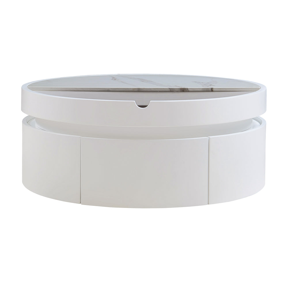 English Elm White Round Lift Coffee Table 29.5" with Marble-Wood Grain Top, Hidden Drawer Storage, Modern Durable Design N735P332429K