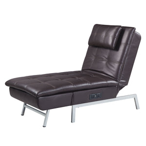 English Elm Padilla Brown Faux Leather Chaise Lounge with Pillow & Built-In USB, 6" Foam Seat, Modern KD Legs B2726P255328