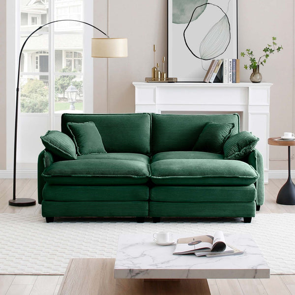 English Elm Two-Seater Theater Sofa In Luxurious Green Corduroy With Footrests – Perfect For Small Spaces! W714S00731-GIGA