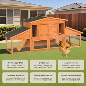 English Elm Extra-large Fir Wood Rabbit Hutch Two Story Outdoor Home with Asphalt Roof and Pull Tray W3921S00003