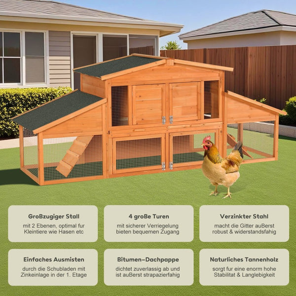 English Elm Extra-large Fir Wood Rabbit Hutch Two Story Outdoor Home with Asphalt Roof and Pull Tray W3921S00003