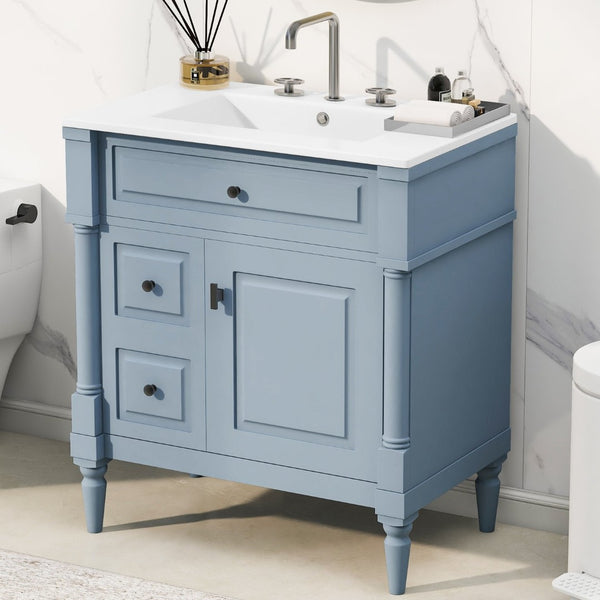 English Elm 30" Freestanding Bathroom Vanity Rubberwood Frame Ceramic Sink Flip Drawer Storage Blue+Grey N725P356062E