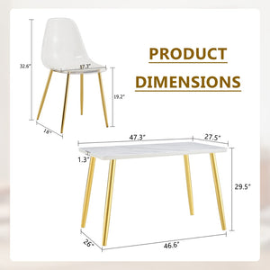 English Elm Table and Chair Set Marble Glass Top Gold Legs Four Seat Dining for Small Spaces Transparent,White+Gold W1151S04638