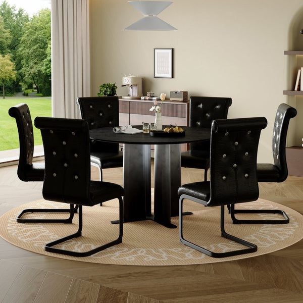 English Elm Modern Round Pedestal Dining Set Six Tufted Pvc Chairs Black Wood Grain Mdf Top W3875S00079