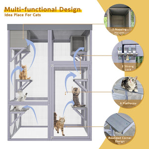 English Elm Outdoor Solid Fir Wood Cat Enclosure with 4 Tiered Platforms and Dual Napping Houses W3166P476669