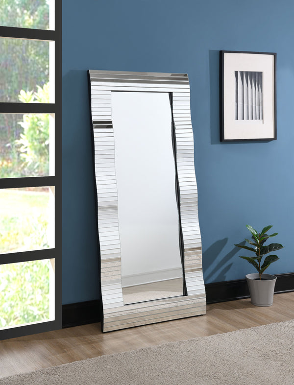 English Elm Dominic Glam Mirrored Accent Floor Mirror – Silver Beveled Mosaic Frame, Rectangular Composite Wood elegance B2726P292341