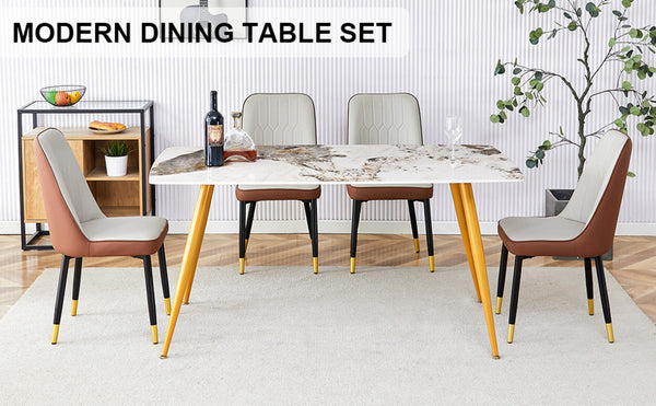 English Elm Table Modern Minimalist Dining Set With White Imitation Marble Top & 4 Pu Upholstered Chairs W1151S01678-GIGA