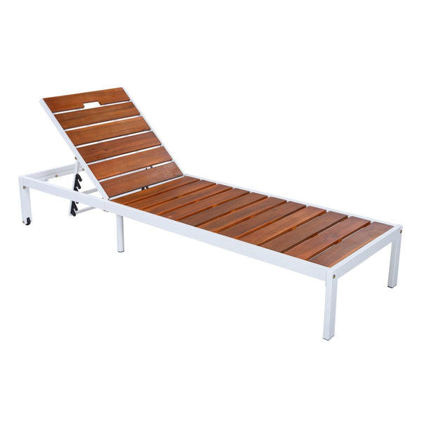 English Elm Outdoor Acacia Wood Slat Chaise Lounge with Powder Coated Frame for Patio Resort Brown,White N719P383161K