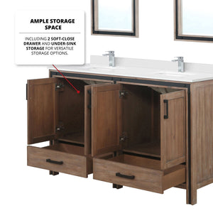 English Elm Rustic Barnwood Double Bath Vanity 60" W with White Quartz Top, Chrome Faucets, 22" Mirrors, Durable Finish B2731S01128