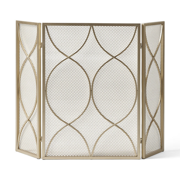 English Elm Christopher Knight Home® - FIRE Gold Iron Fireplace Screen 32.5x24.75 Inch Decorative Heat-Resistant Protective Cover, Elegant 65182.00GLD