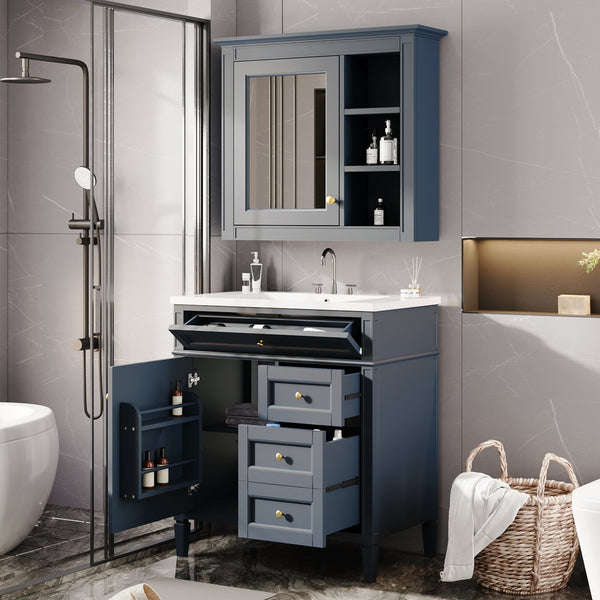 English Elm 30'' Bathroom Vanity Set With Mirror & Storage – Modern Freestanding Design, Ceramic Sink & Drawers SW000127AAC-1
