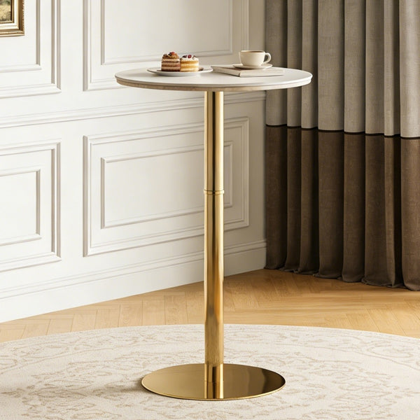 English Elm Rock Slab Round Bar Table with Gold Stainless Steel Base for Modern Home Entertaining W2920P443467