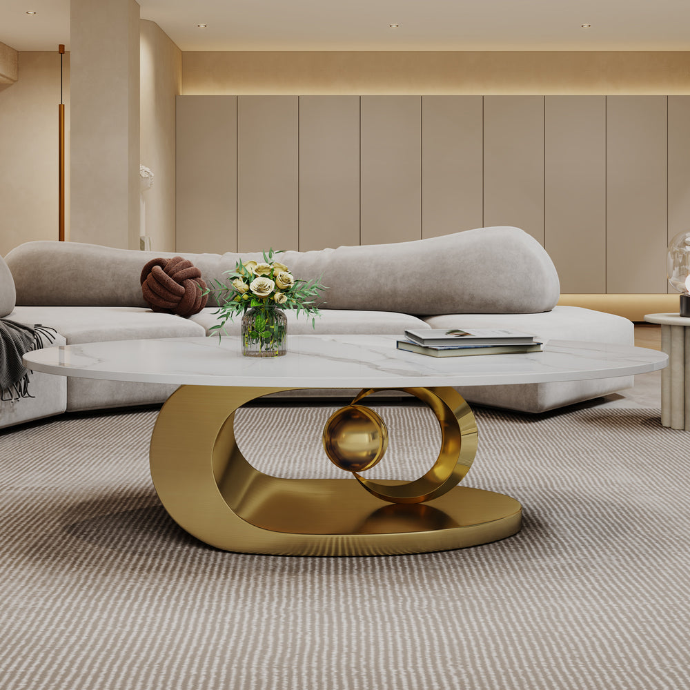 English Elm Modern Sculptural Faux Marble Coffee Table with Fish Belly White Top and Geometric Stainless Base, Leveling Feet W3136S00008