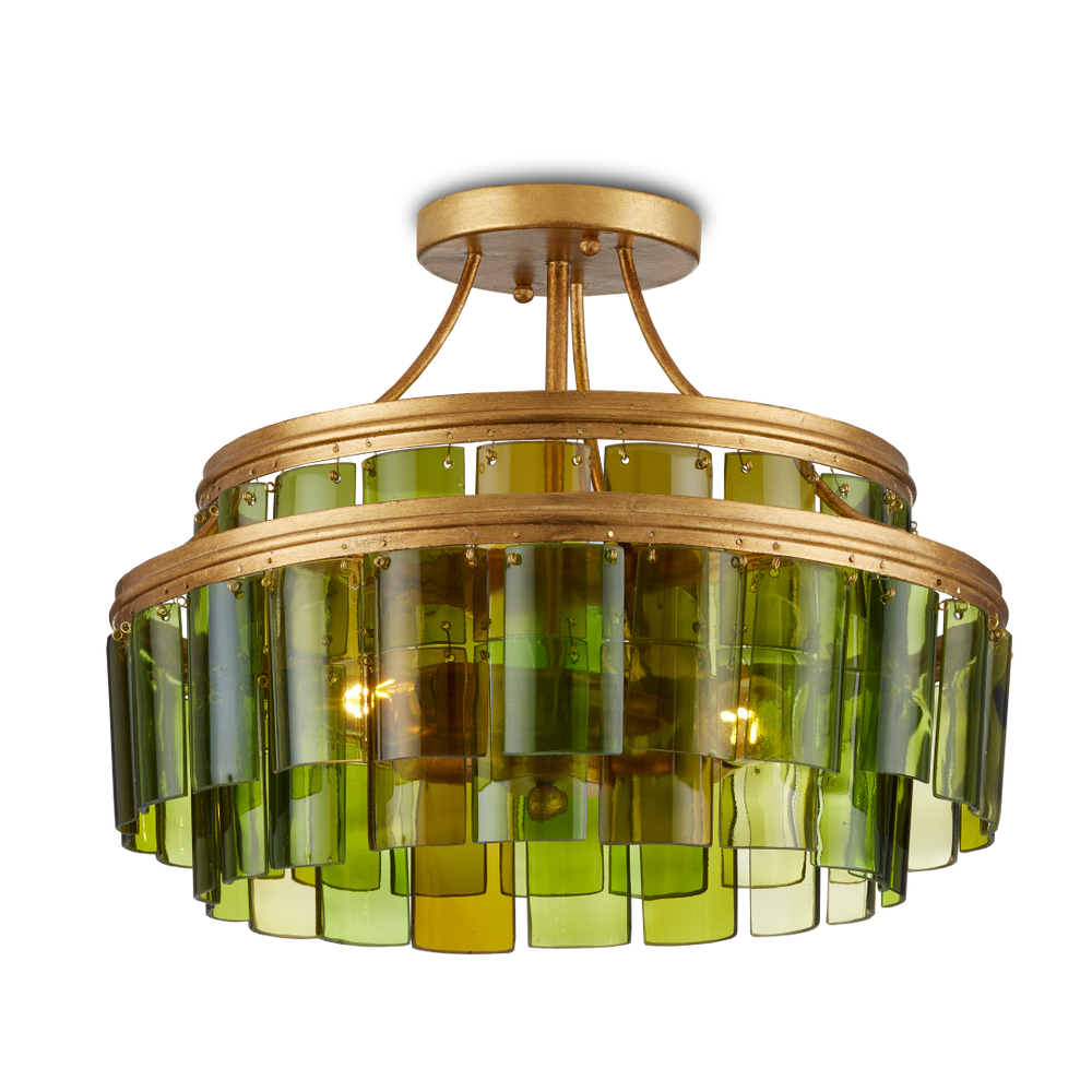Vintner Green Semi-Flush Mount Light Fixture - Handmade Recycled Glass & Gold Leaf Finish Elegance