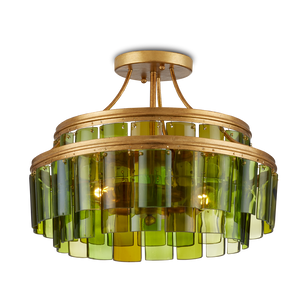 Vintner Green Semi-Flush Mount Light Fixture - Handmade Recycled Glass & Gold Leaf Finish Elegance