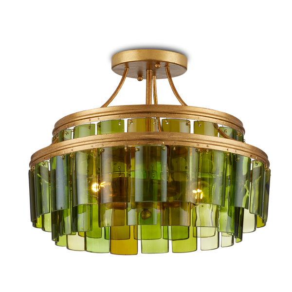 Vintner Green Semi-Flush Mount Light Fixture - Handmade Recycled Glass & Gold Leaf Finish Elegance