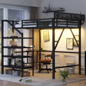 English Elm Full Size Metal Loft Bed with Foldable Desk Staircase Storage and Led Lighting W2580S00072