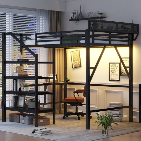 English Elm Full Size Metal Loft Bed with Foldable Desk Staircase Storage and Led Lighting W2580S00072