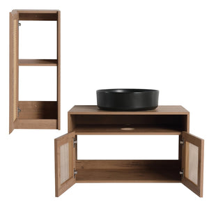 English Elm 30" Floating Bathroom Vanity Set with Ceramic Vessel Sink and Rattan Side Cabinet W999S00496
