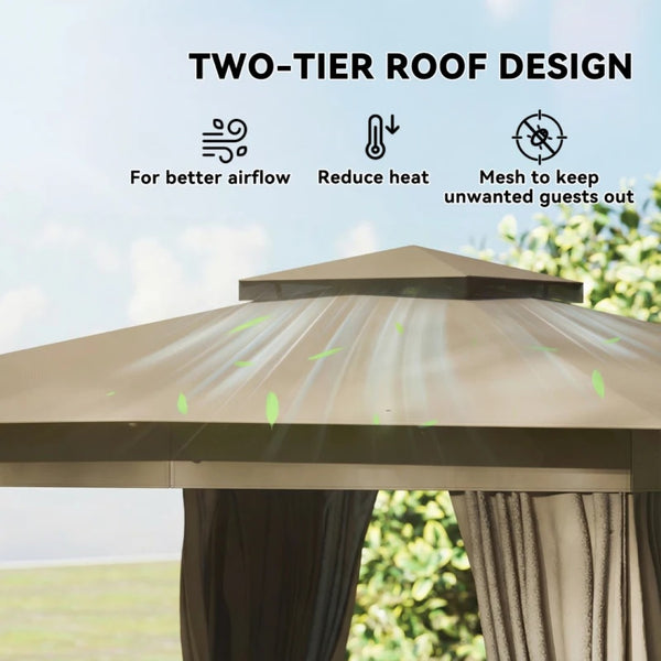 English Elm Double-roof Steel Gazebo with Upf Canopy Curtains and Mesh Panels for Outdoor Privacy Black,Dark Gray,Khaki T3971P459103