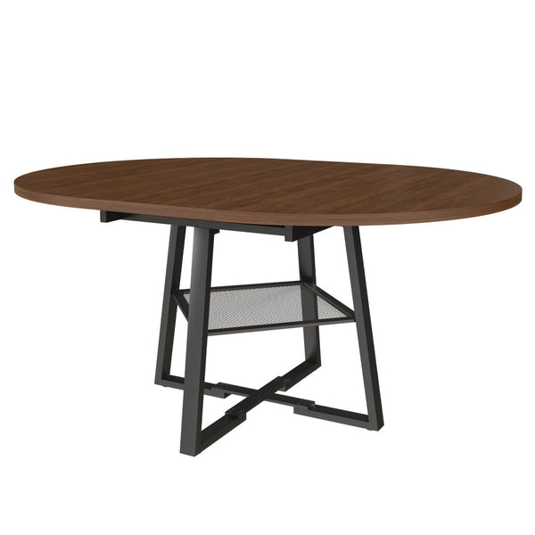 English Elm 47 Inch Extendable Round Dining Table Walnut Finish Seats 8 with Wire Grid Shelf W2700P385520