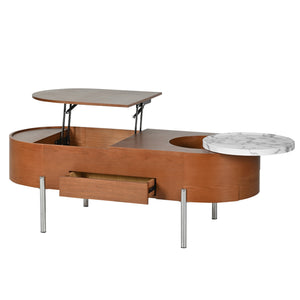 English Elm VIBE 47.2" Oval Lift-Top Coffee Table with Hydraulic Lift, Hidden Storage, Rotating Tray, Modern Design Brown N724P228920D