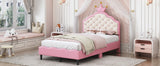 English Elm Twin Size Lovely Crown Fantasy Pu Leather Princess Bed With Tufted Headboard, Pink+Cream