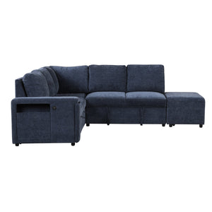 English Elm U_STYLE L-shaped Padded Modular Sofa with Storage, USB Charging, Cup Holders, 6-Seater Comfort and Style Blue WY000390AAC