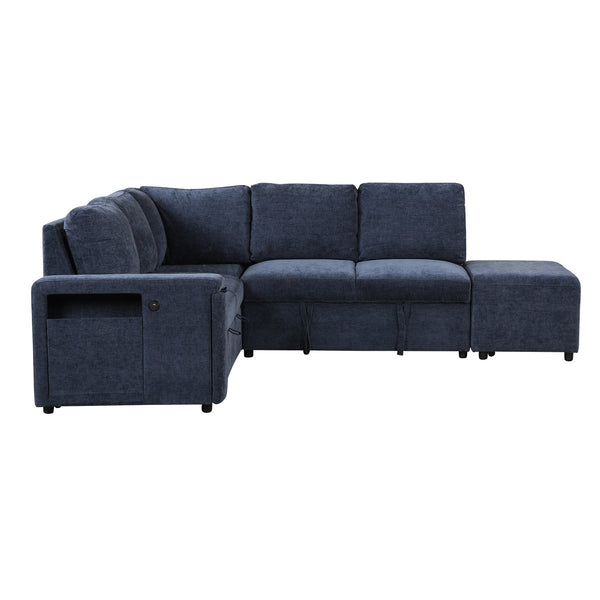English Elm U_STYLE L-shaped Padded Modular Sofa with Storage, USB Charging, Cup Holders, 6-Seater Comfort and Style Blue WY000390AAC