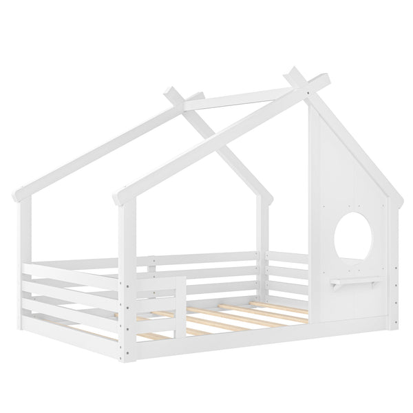 English Elm Full House Floor Bed with Roof Window and Shelf – Solid Pine Kids Loft-Style Low Bed, Durable Design White W1580P362693