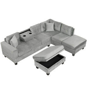 English Elm 105" Modern Velvet Sectional Sofa with Storage Ottoman, Reversible Chaise, Cup Holders & Pillows Gray N719S000580E